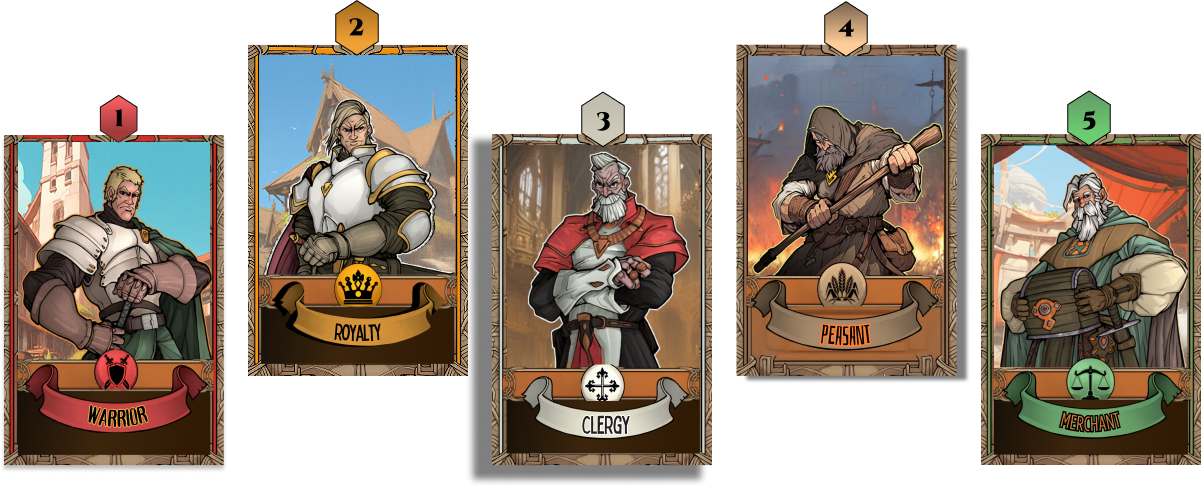 The five warrior classes: Warrior, Royalty, Clergy, Peasant, Merchant